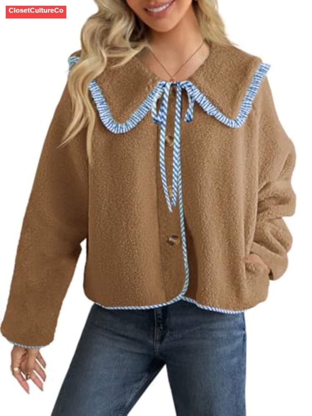 Fuzzy Fleece Sherpa Jacket Peter Pan Collar Button Winter Coat